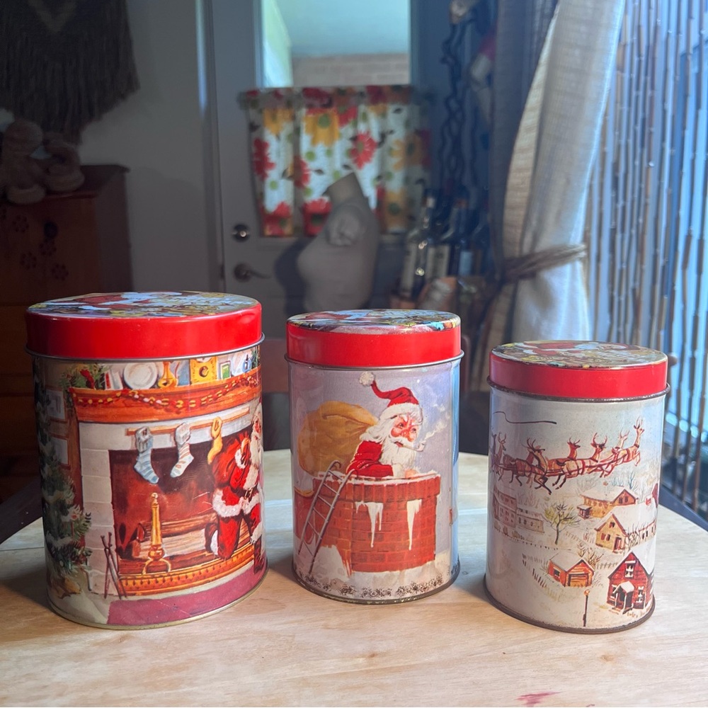 Vintage Christmas Theme Nesting Tins Set Collectible Holiday Decor Hong Kong